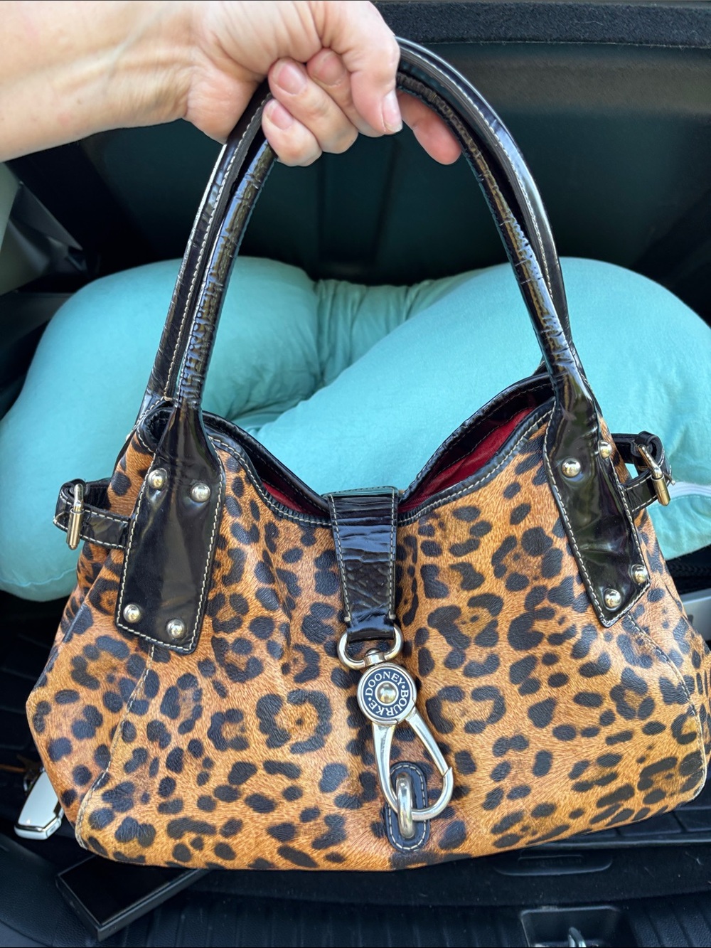 Dooney & Bourke Leopard Print Leather Satchel - Brown/Black, some wear.
